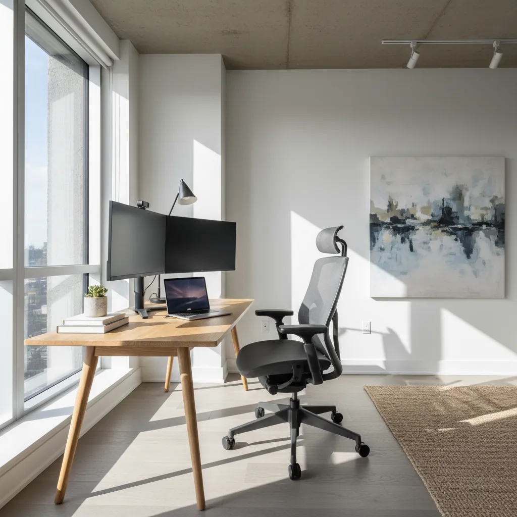 Home office with wooden desk black chair dual monitors and painting in bright natural light