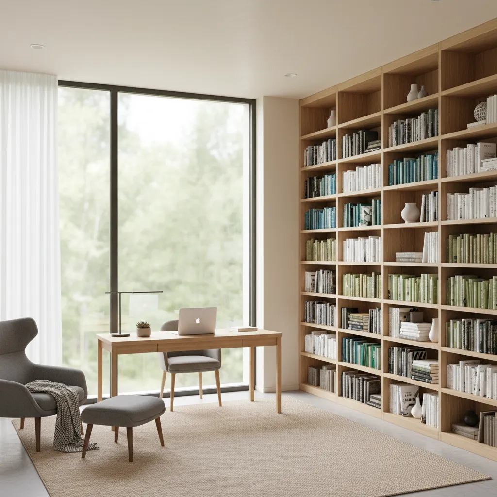 home office with minimal desk and large separate bookcase along wall