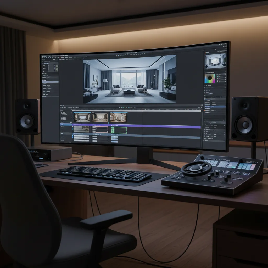 Desktop workstation editing 3D home video with depth layers on screen