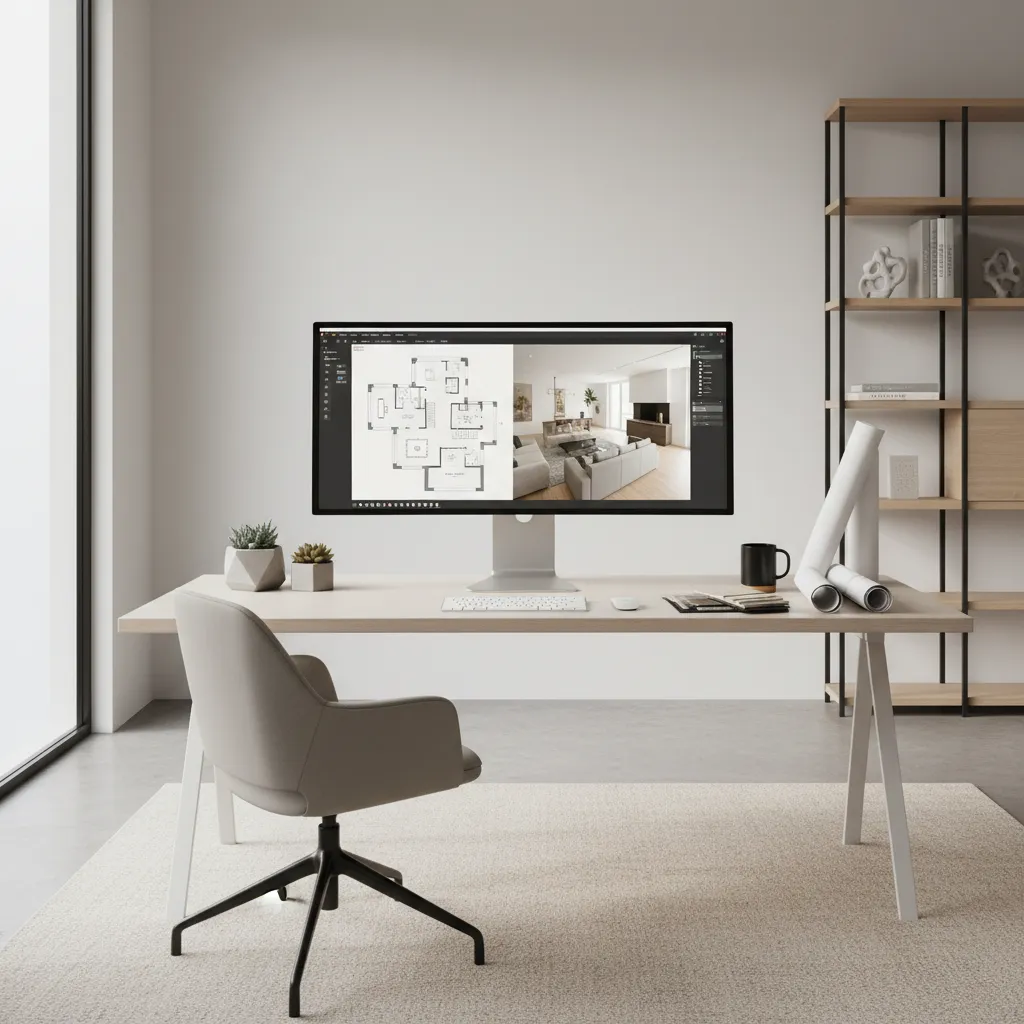 designer working with home design software on desktop computer