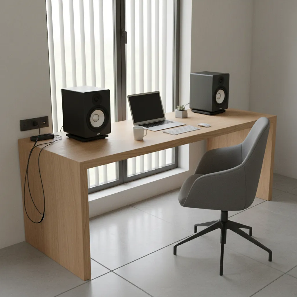 Powered desktop speakers on a minimalist desk in a compact home office