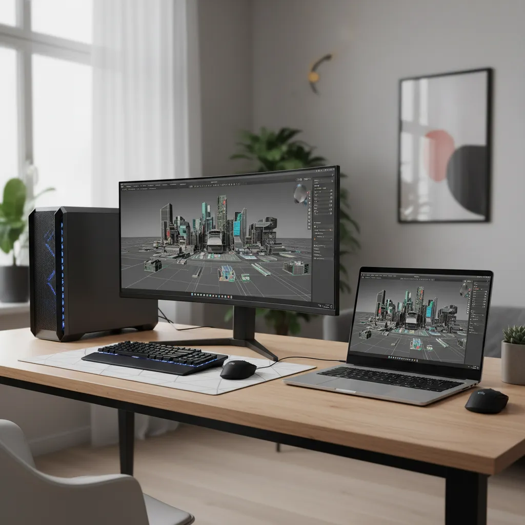 Desktop rendering workstation next to laptop comparison setup