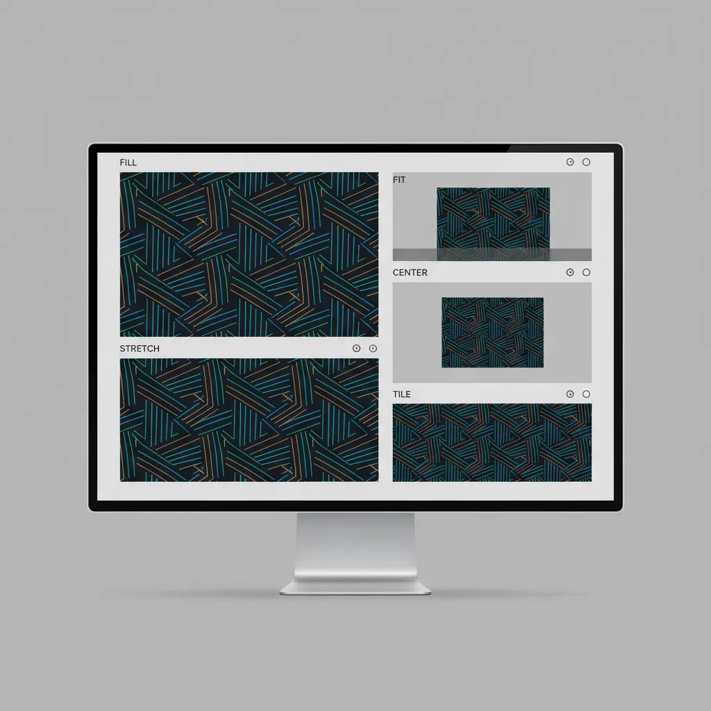 Illustration of wallpaper scaling modes including fill fit stretch and center on a desktop monitor