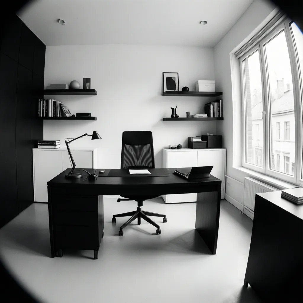 Modern black and white office room featuring large desk chair cabinets shelves and window view