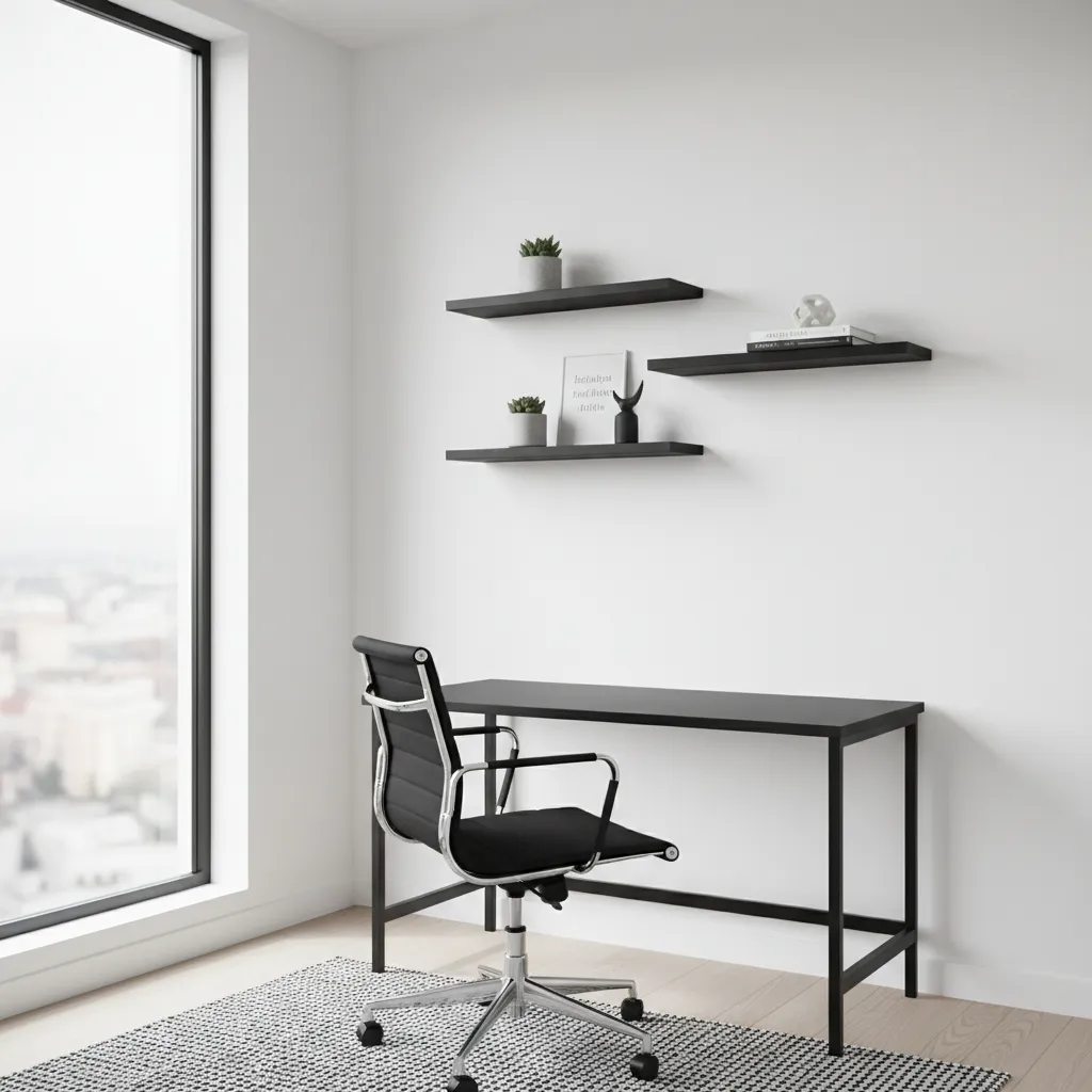 Minimalist home office with black desk black chair floating shelves white walls and large window