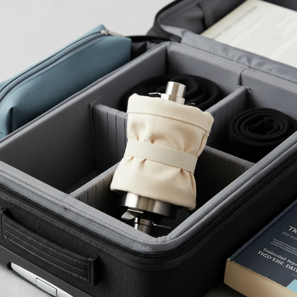 Removable blender blade wrapped safely and placed in luggage compartment