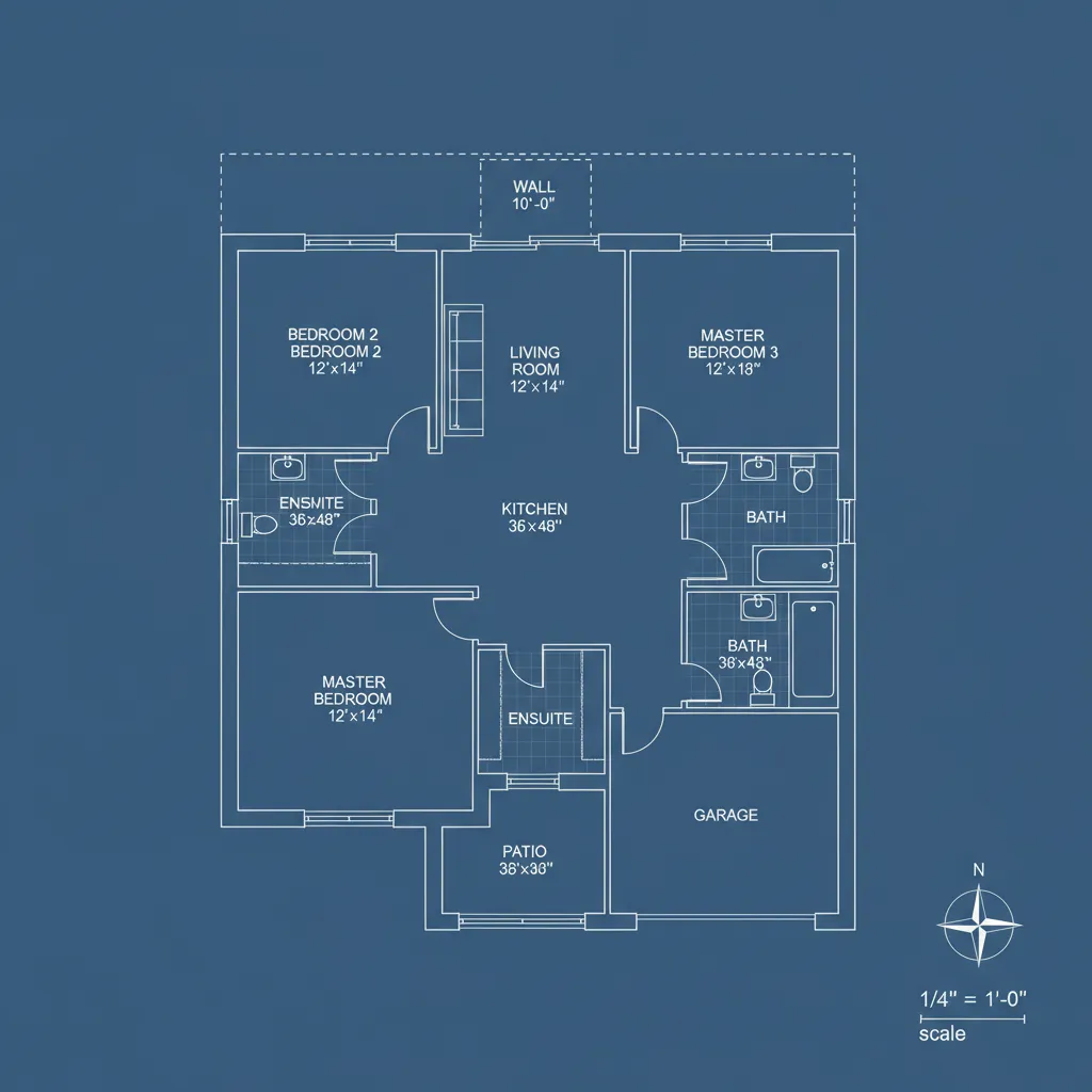 Detail blueprint denah rumah dengan ukuran dinding dan ruang