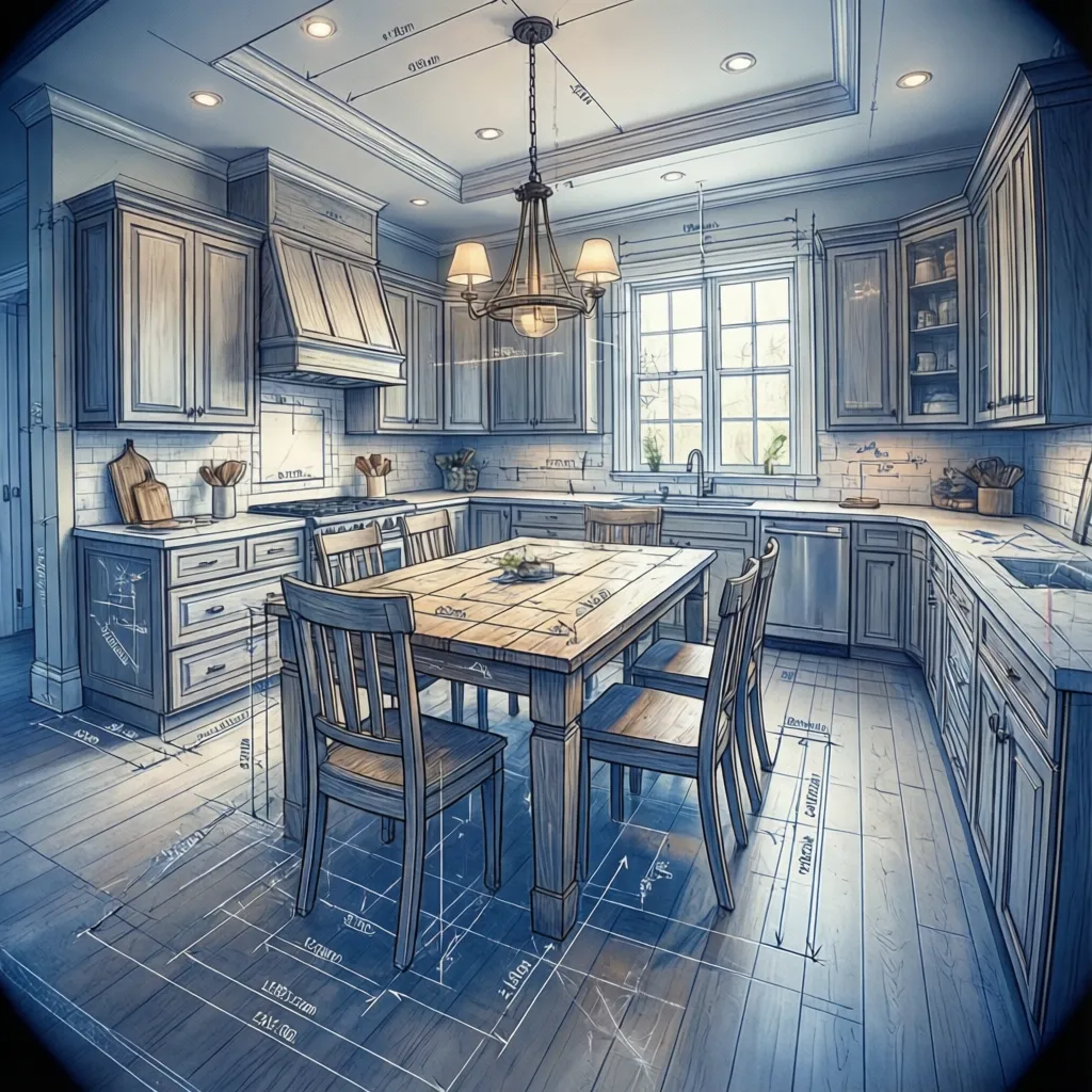 Interior design drawing of a kitchen with wooden table chairs cabinets and a ceiling light