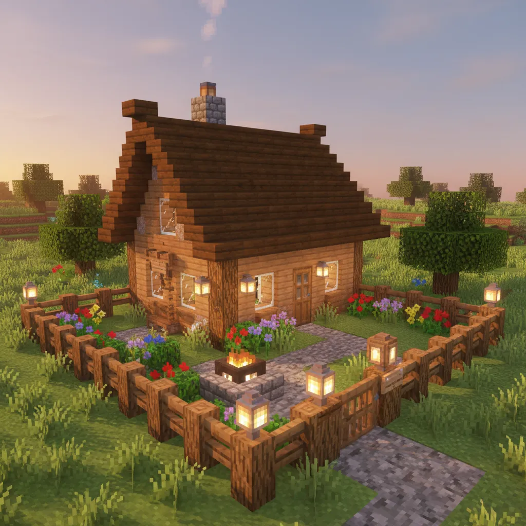 Rumah Minecraft kecil dengan taman dan pagar
