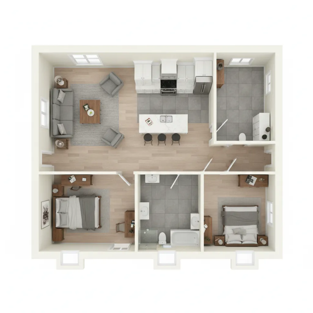 Detailed 3D model of a house floor plan with furniture and room divisions