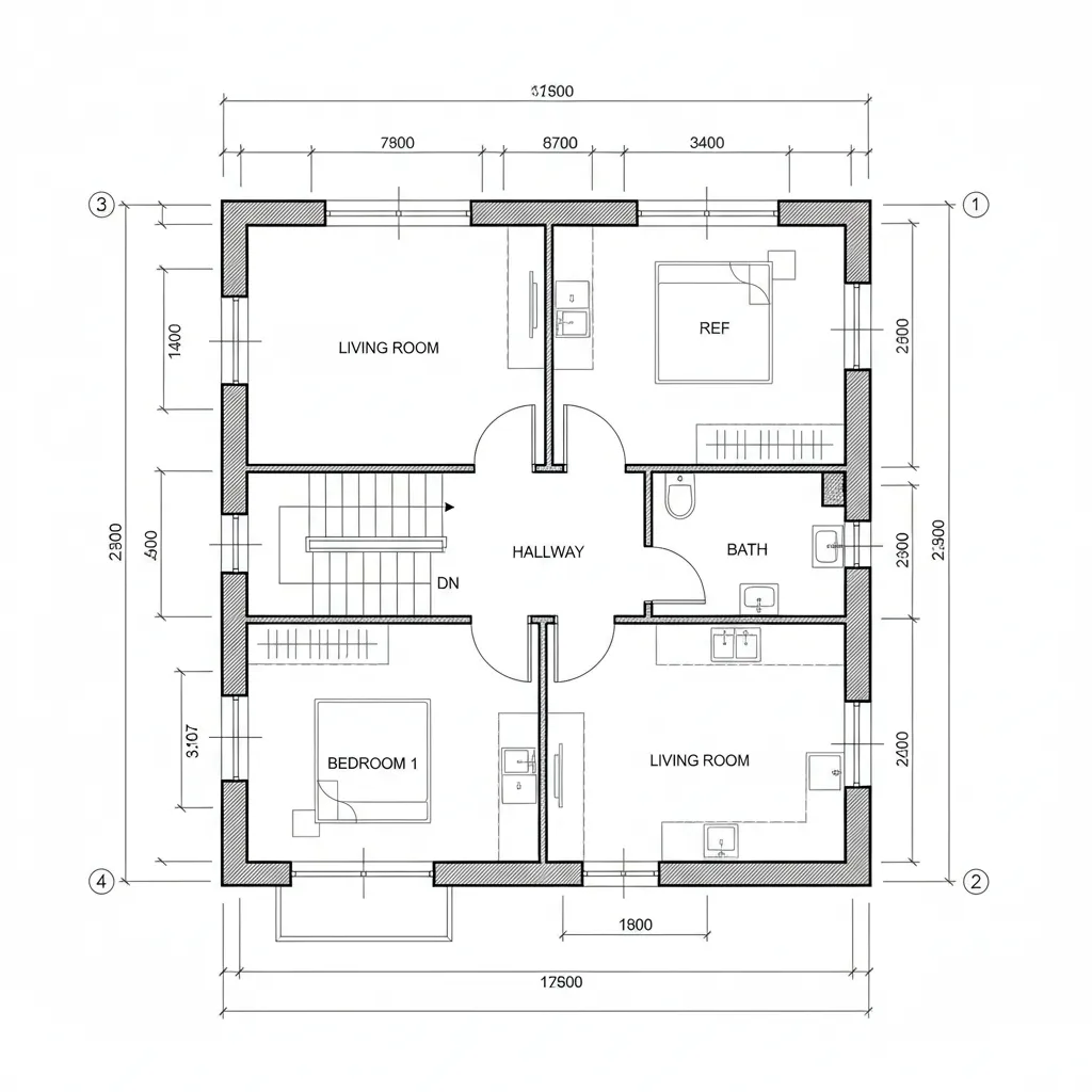 Detailed construction floor plan with dimensions and annotations