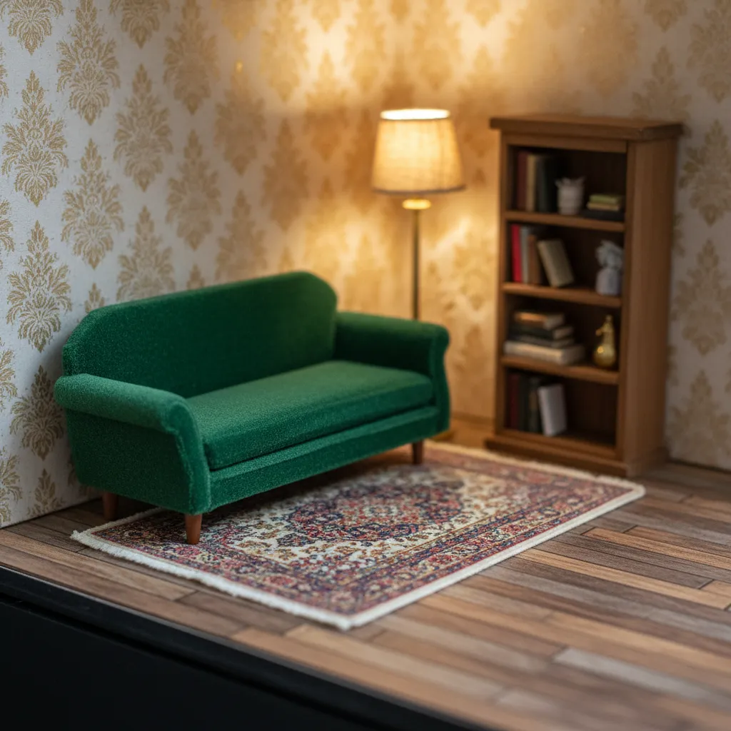 Interior detallado de una habitación de casa de muñecas con iluminación y decoración realista