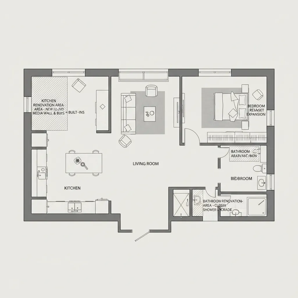 detailed residential floor plan with renovation zones highlighted