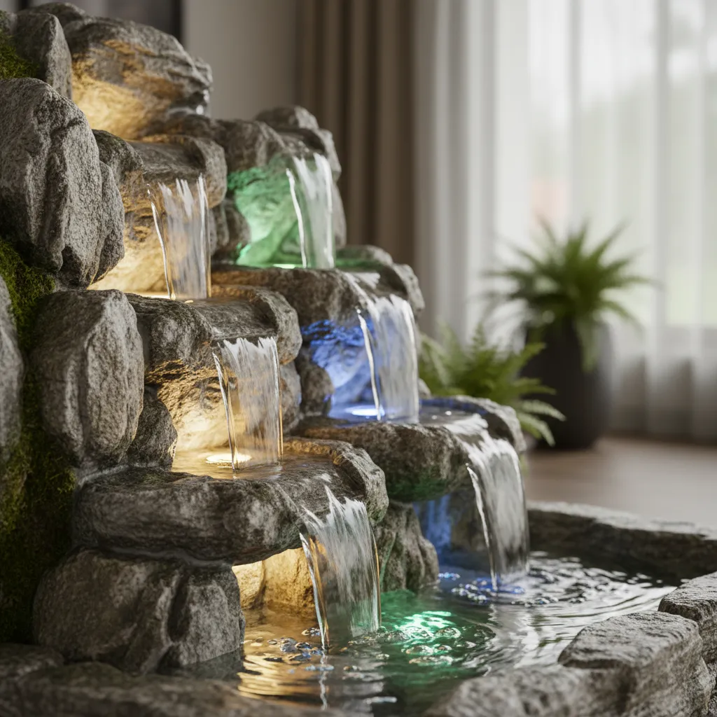 Detalle del agua fluyendo en una fuente interior con iluminación LED
