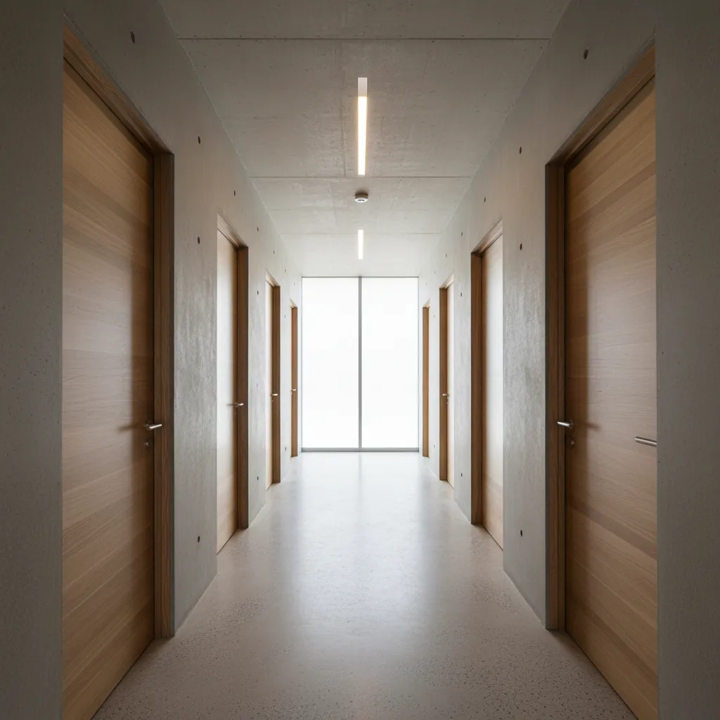 Minimalist concrete hallway with wooden doors and linear ceiling light fixtures leading to bright window