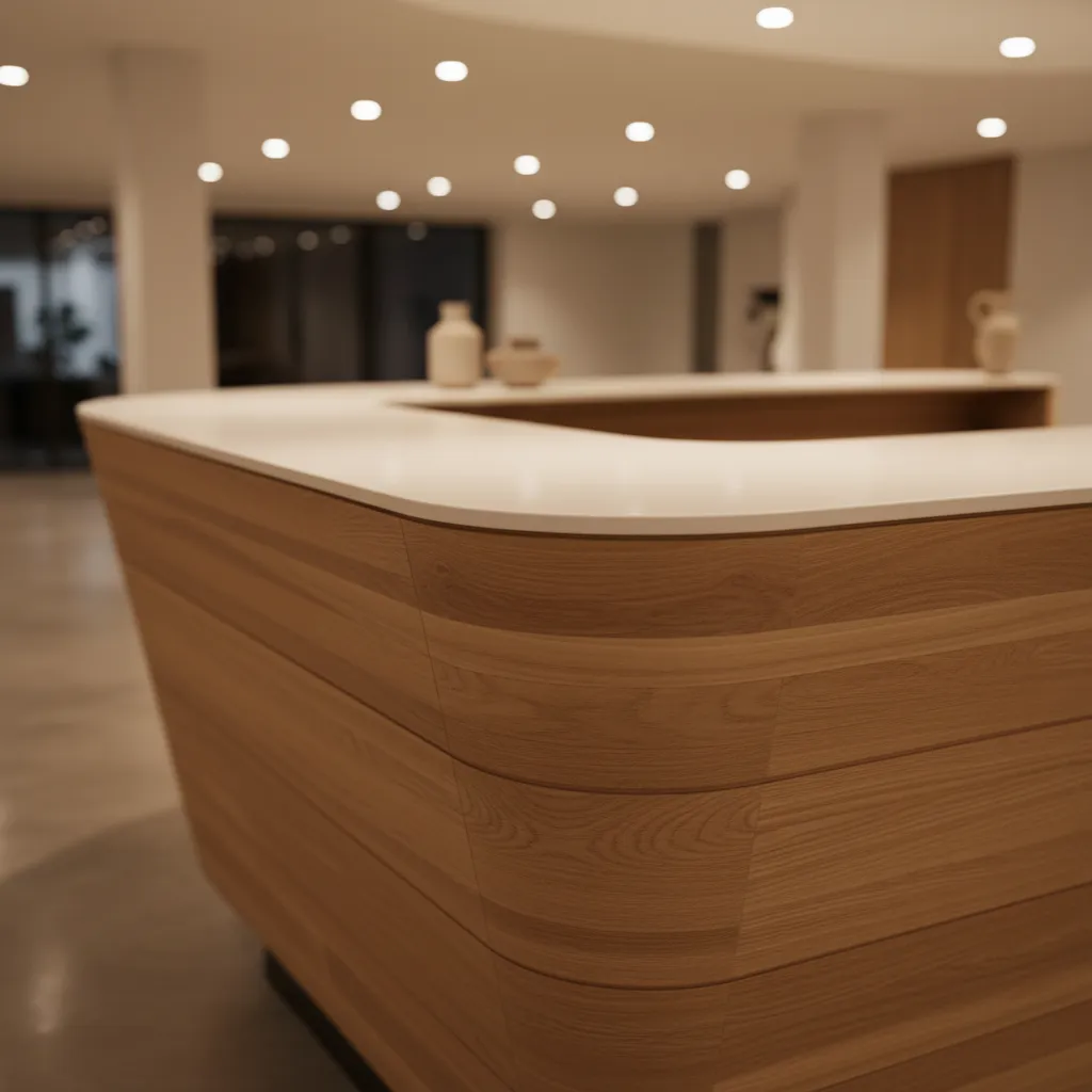 Detalle de barra curva en madera y superficie sólida