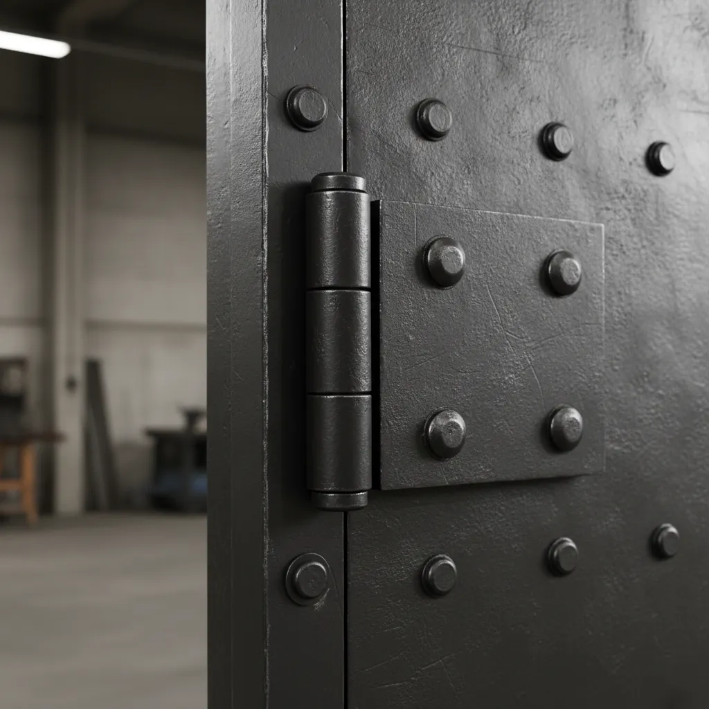 Detalle de bisagras reforzadas en puerta de hierro