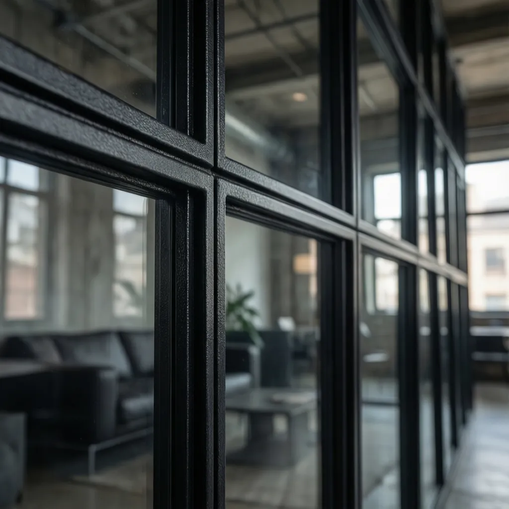 Detalle de perfiles metálicos negros en carpintería interior