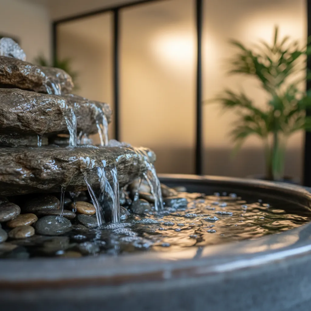 Detalle del agua cayendo en una fuente decorativa interior