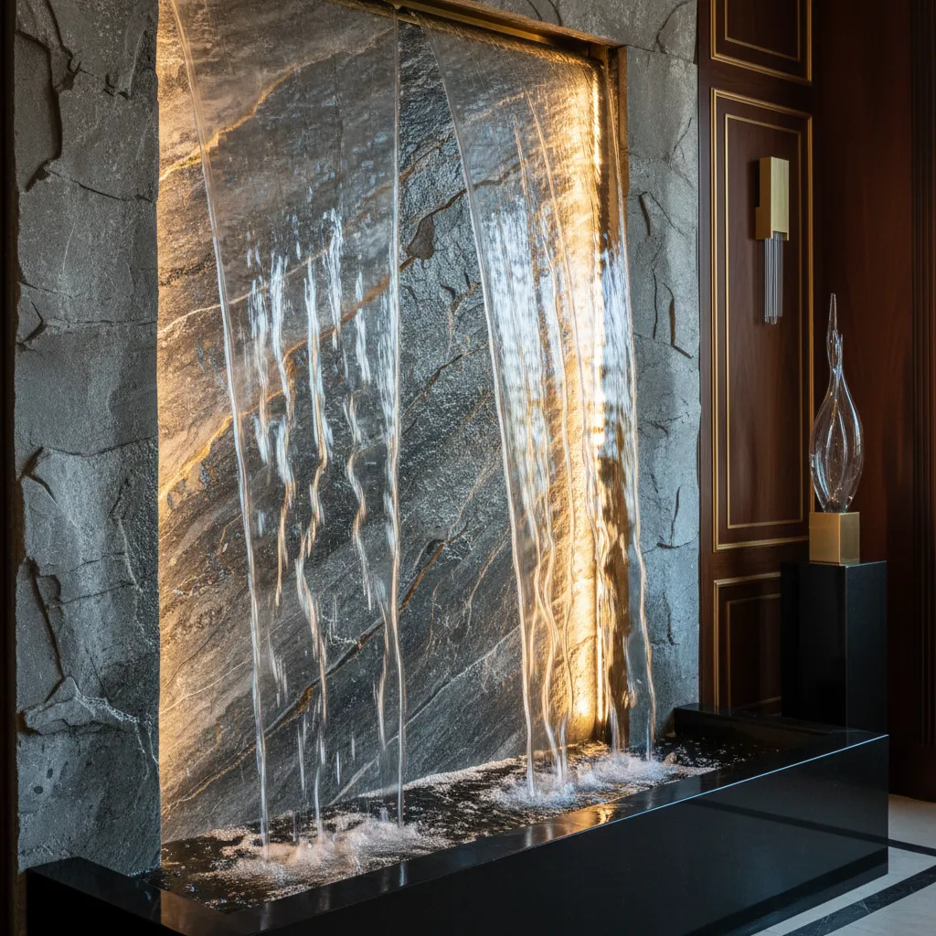 Modern indoor stone wall water feature with warm lighting falling into a black floor basin