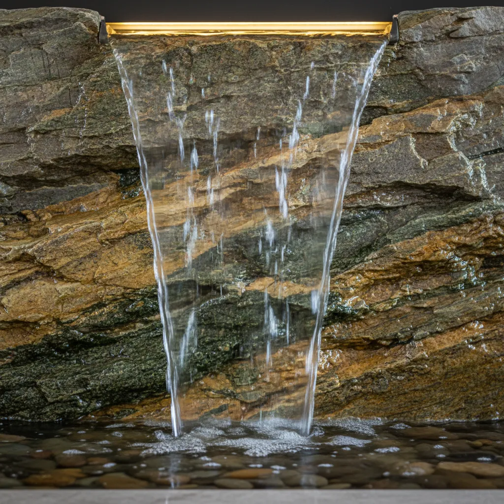 Detalle del flujo de agua en una cascada decorativa interior