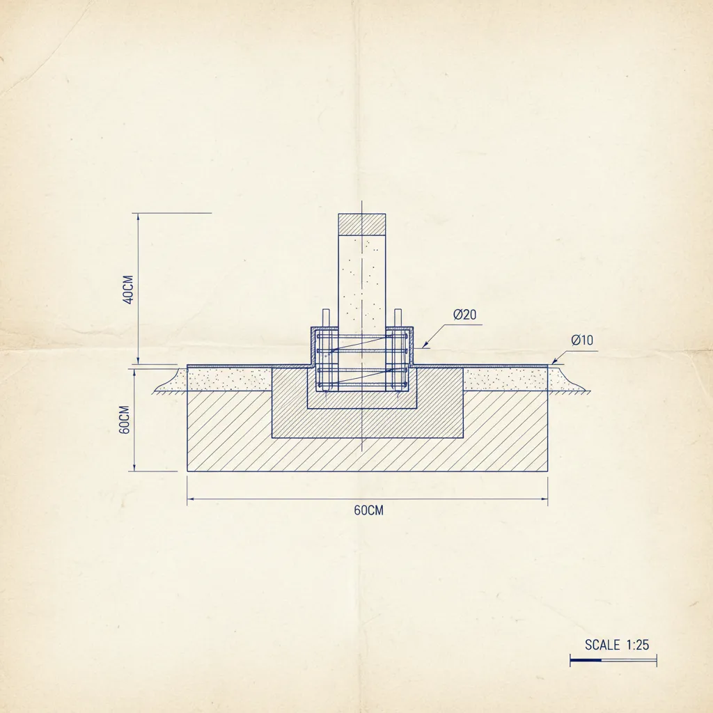 Detalle constructivo de cimentación en plano estructural