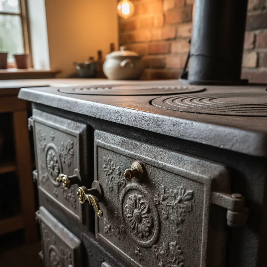 Detalle de puertas y placas de hierro en cocina antigua