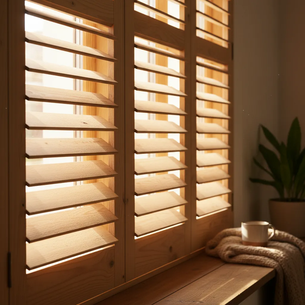 Detalle de contraventana interior de madera con lamas regulables