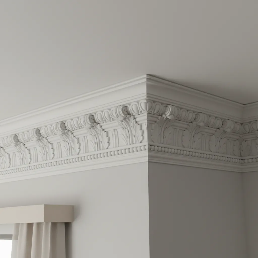 Detalle de una cornisa decorativa blanca entre pared y techo