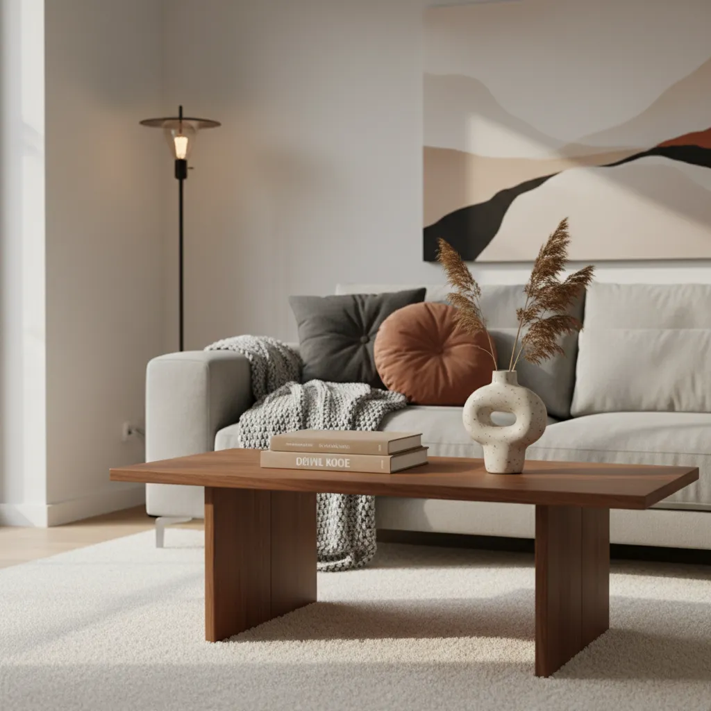 Detalle de decoración en salón con mesa de centro, libros y cerámica