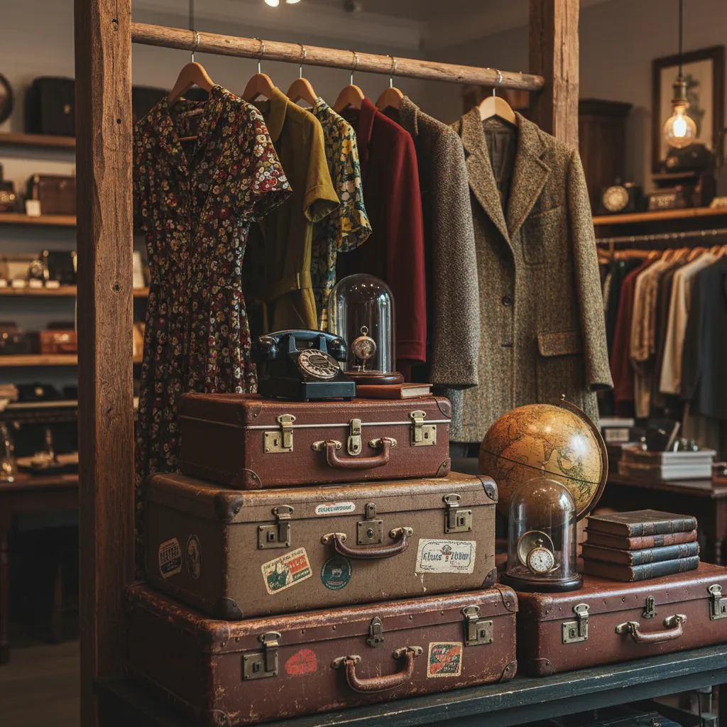 Detalle decorativo con maletas antiguas y ropa vintage expuesta