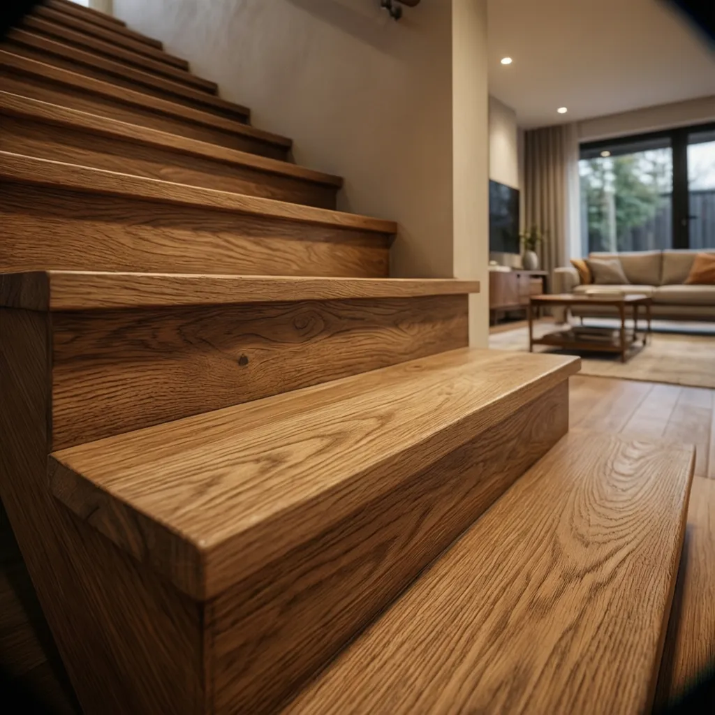 Detalle de peldaños de madera maciza en una escalera interior