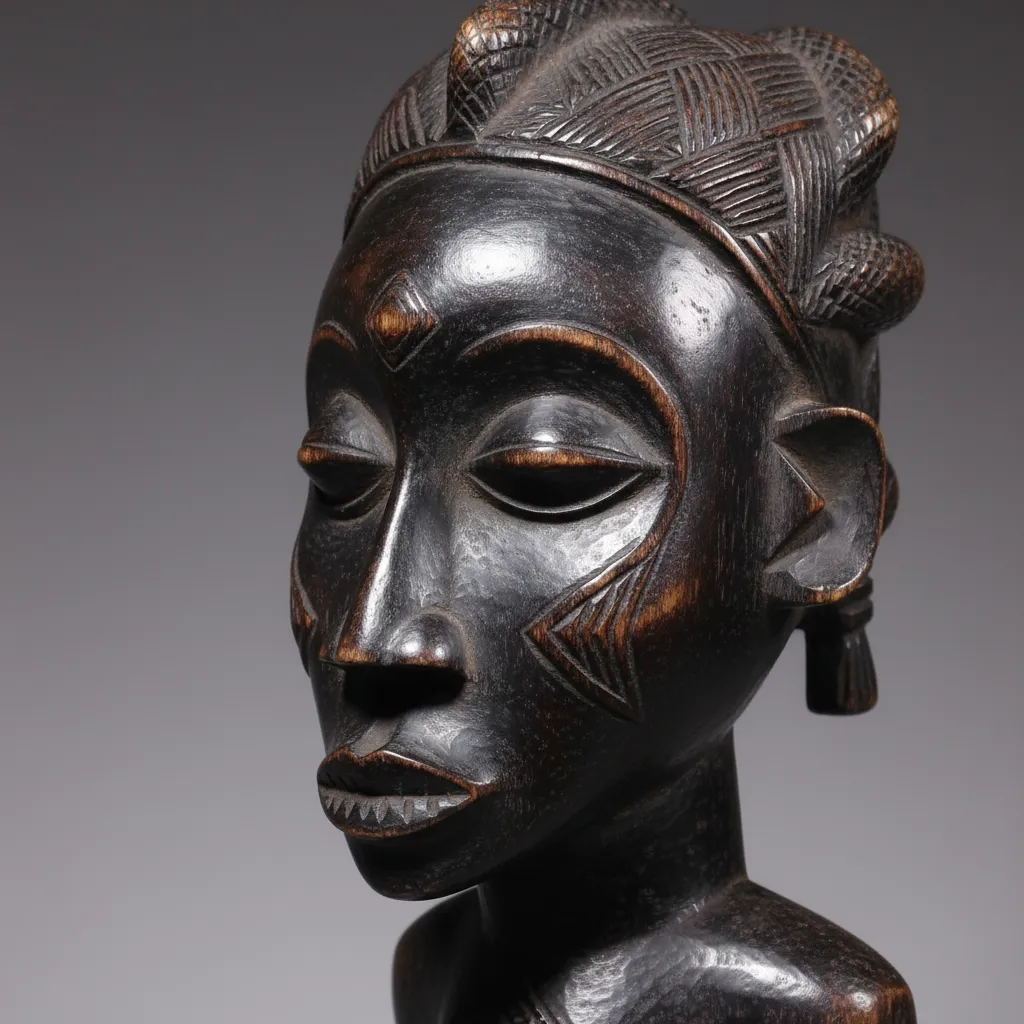 Detalle de escultura africana tallada en madera con iluminación lateral