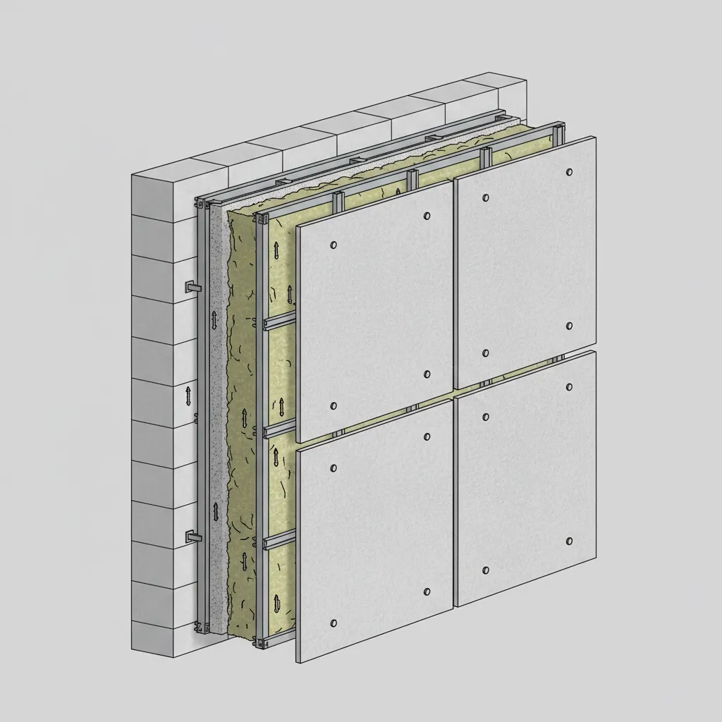 Detalle constructivo de una fachada ventilada con cámara de aire y estructura metálica