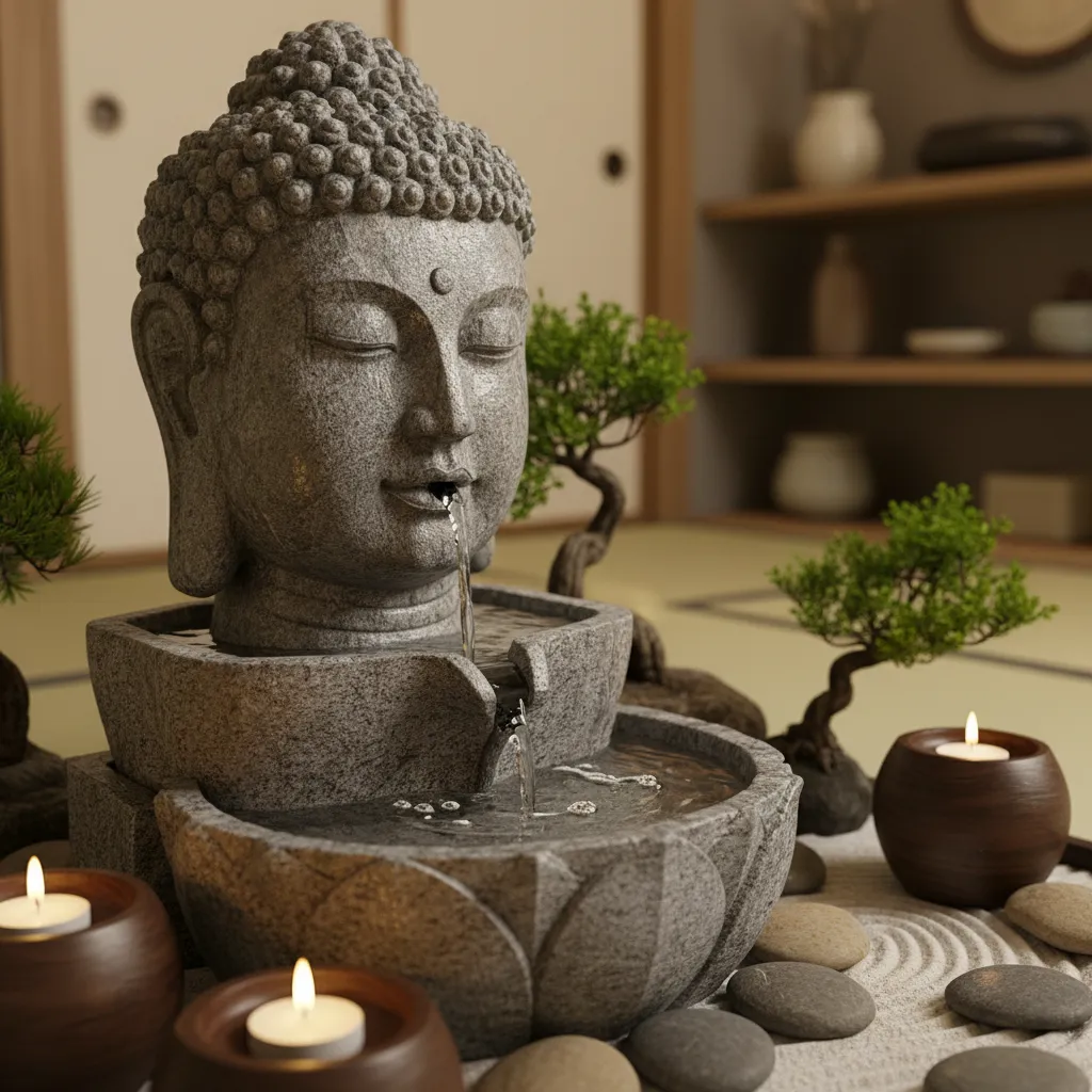 Stone Buddha head water fountain with flowing water surrounded by candles and small green plants