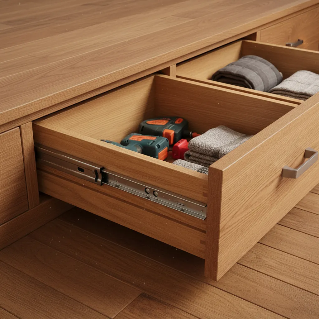 Close up of open wooden drawer showing metal slide rail storage for tools and towels
