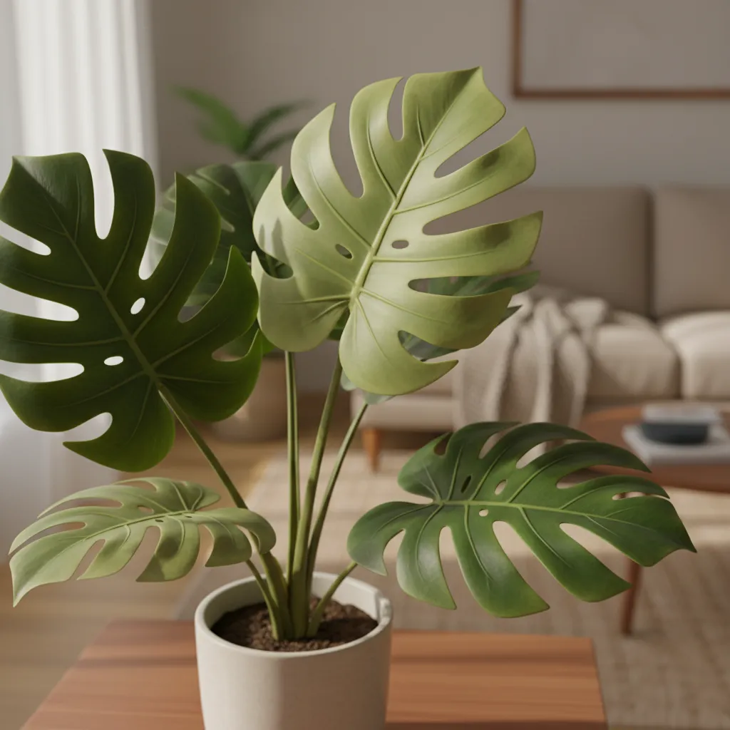 Green leaf plant in white pot with blurry living room sofa and coffee table background