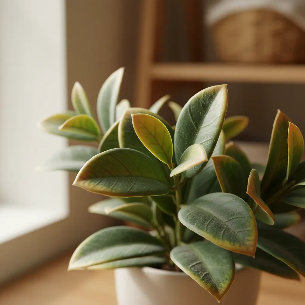 Close up of green indoor plant leaves with yellow edges inside a small white flower pot