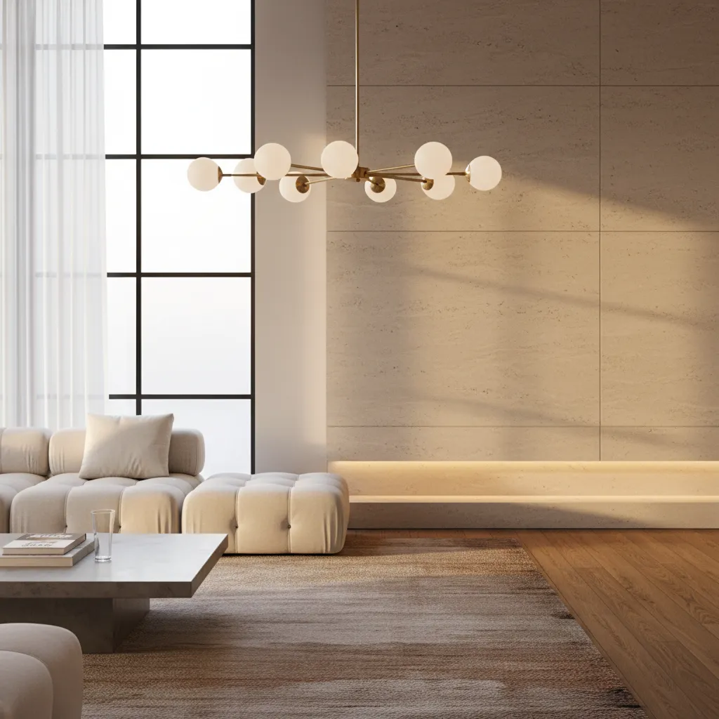 Detalle de iluminación interior con lámpara colgante y luz natural en sala moderna