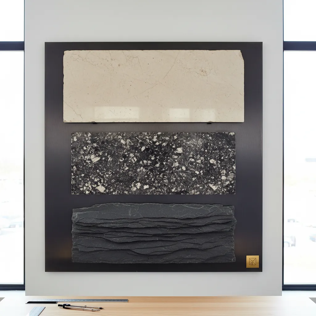 Three stone material samples for wall design mounted on a dark board for interior selection