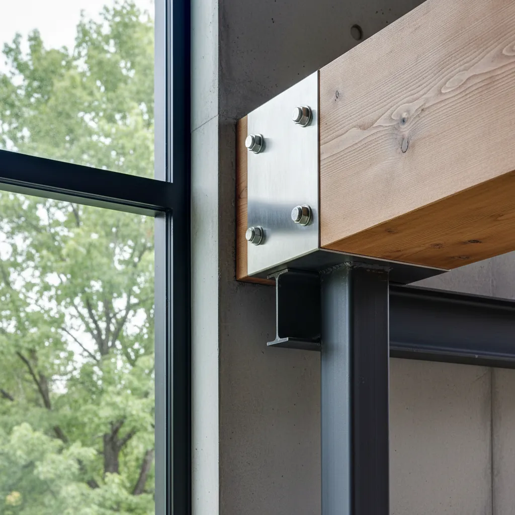 Detalle arquitectónico de unión entre acero y madera