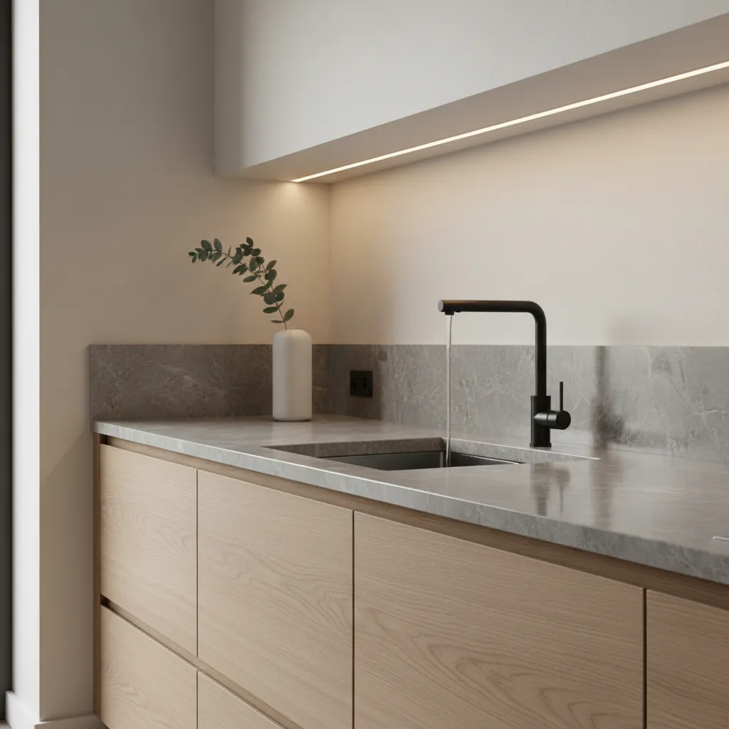 Detalle de materiales en cocina moderna fotografiada profesionalmente