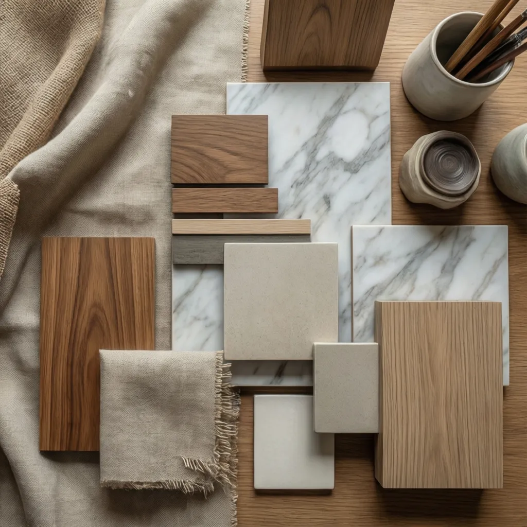 Interior design material samples including wood blocks marble tiles fabric swatches and neutral colored stone