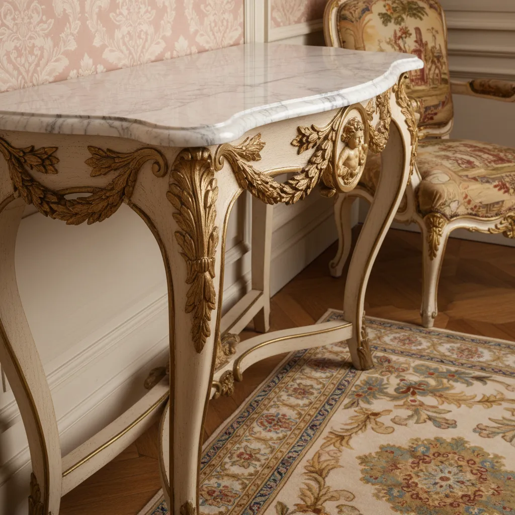 Close up of white table with gold carvings, marble top, patterned chair and floral rug.
