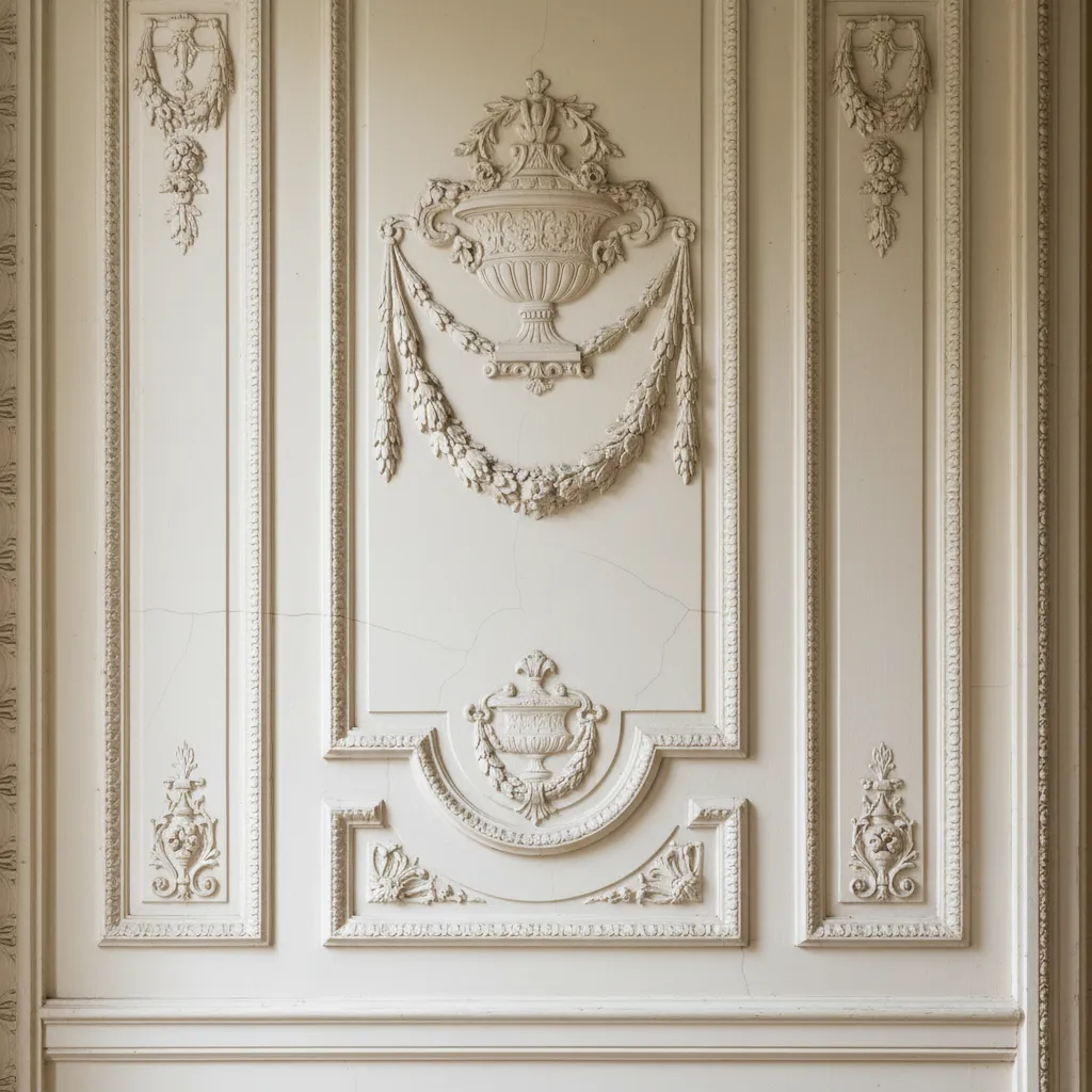 Detalle de molduras decorativas clásicas en pared estilo Luis XVI