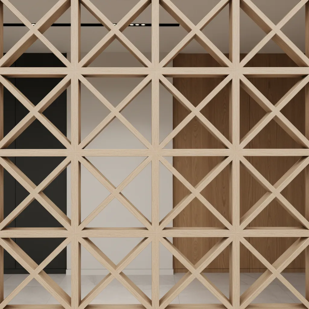 Detalle de patrón geométrico en panel de celosía interior