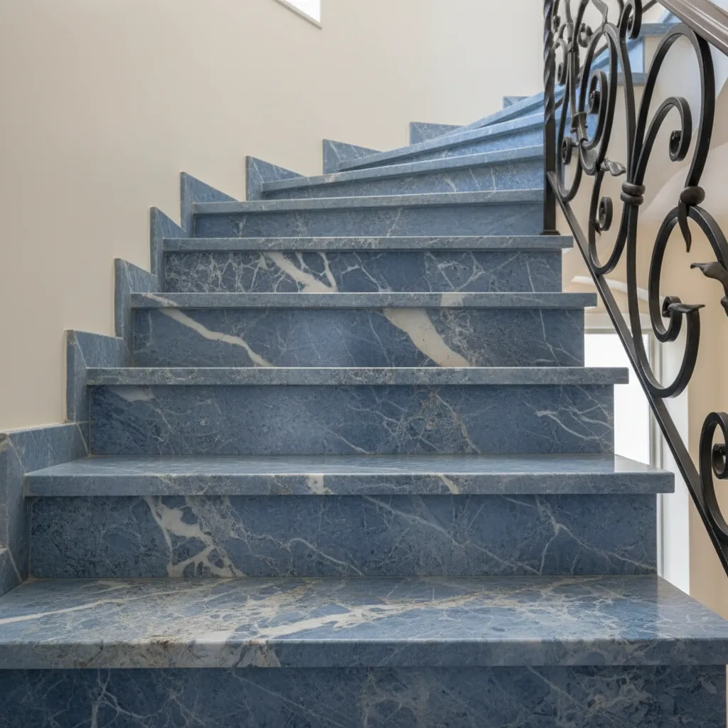 Detalle de peldaños de mármol azul con vetas naturales en escalera interior