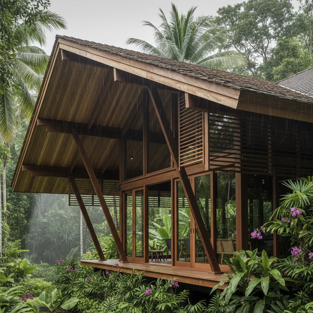 Modern wooden house with large sloping roof and glass walls during rain in tropical forest
