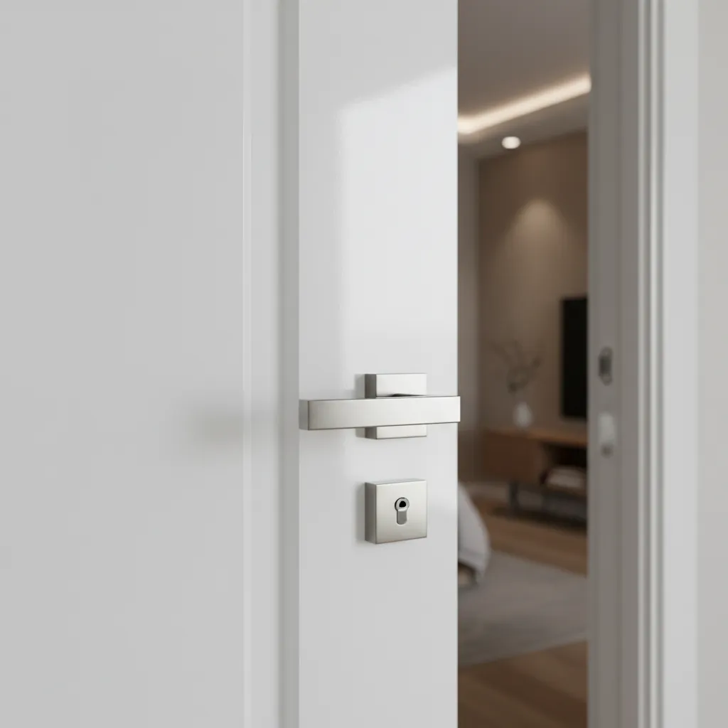 Detalle de una puerta lacada en blanco con manilla moderna