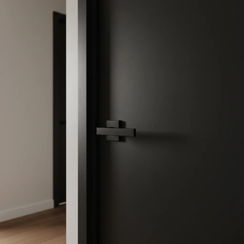Detalle de puerta negra mate con manilla moderna